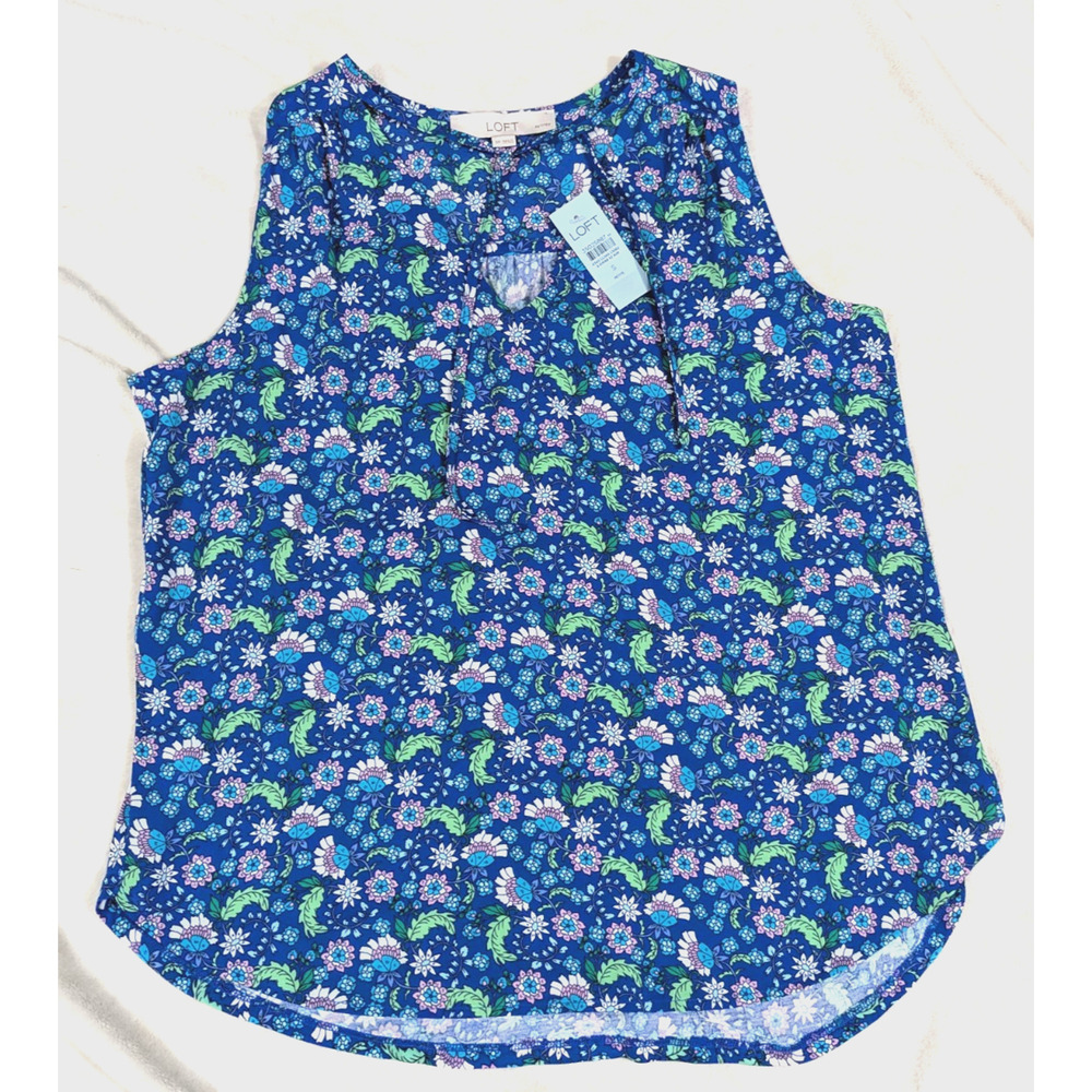 New LOFT sz SP Tank Top Blouse v-neck ties at front blue floral print 1409